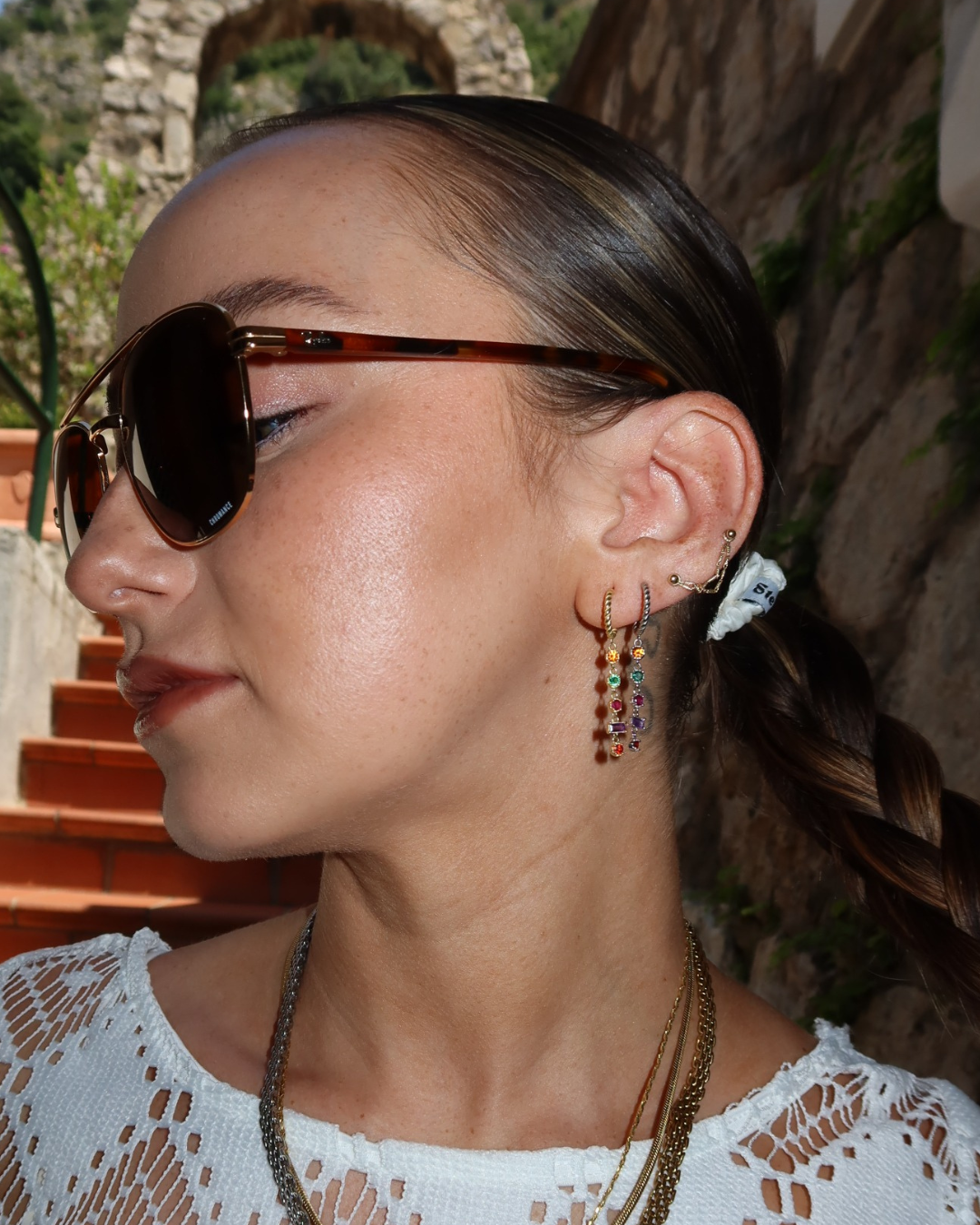 Aperol + Spritz Hoop Earrings with Multi-Color Gemstones